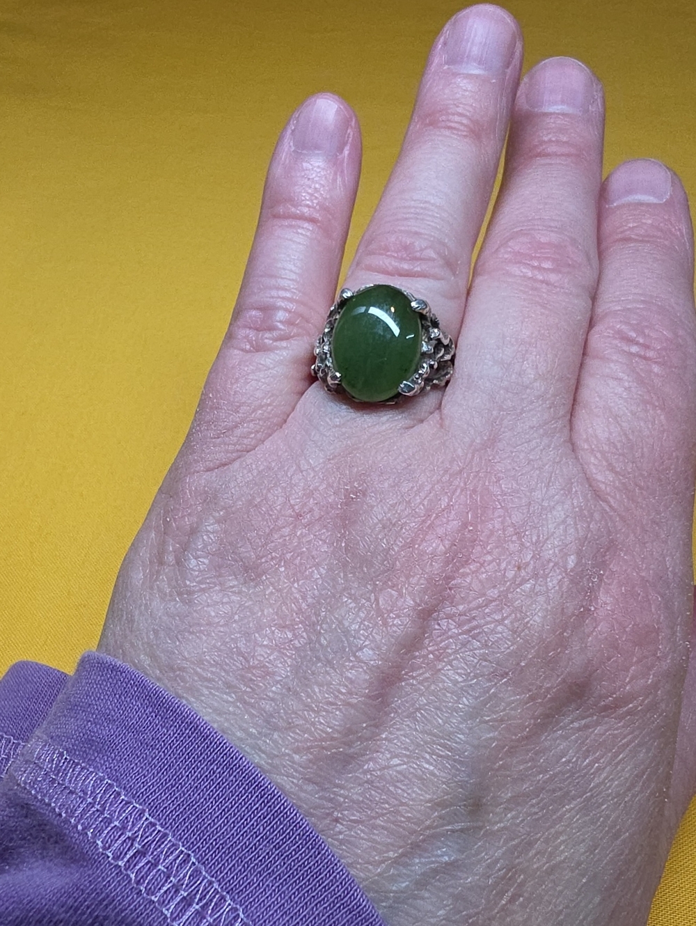 Vintage Brutalist Style ▪︎ Nephrite Jade Cabochon Ring ▪︎ Likely Silver